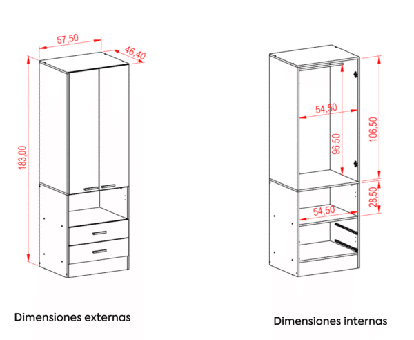 Placard-2-modulos-2p-2c PLACARD 2 MODULOS 2 PUERTAS 2 CAJONES BIANCA BLANCO
